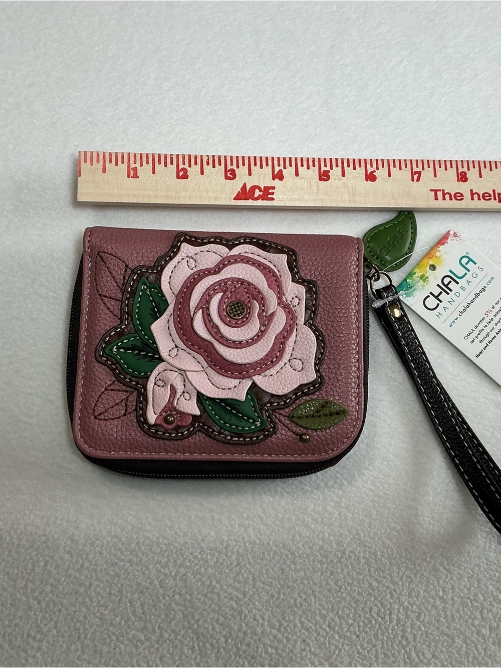 Chala Handbags Rose Zip Around Wallet Wristlet Dusty Pink Mauve Floral NWT - Picture 6 of 7